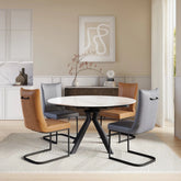 Shop the Cuneo White Gloss Ceramic Extending Dining Table with 4 Faux Leather Chairs. Choose Grey, Tan or Mixed seating with a practical swivel extension.