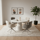 Sirius Taupe Marble Round Dining Table with 4 Beige Swivel Chairs