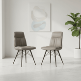Two upholstered dining chairs in taupe with black metal wire legs, shown in a bright minimalist room with a potted plant and abstract wall art.