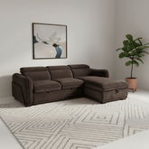 Discover the Alvion Cocoa Fabric 3 Seater Chaise Corner Sofa Bed with storage chaise, adjustable headrests, pull-out bed and LHF or RHF options.
