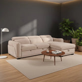 Alvion beige fabric 3 seater chaise corner sofa bed with storage chaise, adjustable headrests and pull-out bed. Available in LHF or RHF.