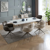 Sirius 160cm Fixed Top Taupe Marble Dining Table with 4 Beige Fabric Swivel Dining Chairs - Pendle Village Furniture