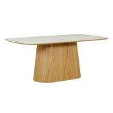 Arlen 200cm White Marble Ceramic Dining Table with Oak Pedestal Base - Pendle Village Furniture