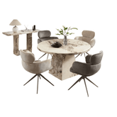 Arsenal Round Mottled Mocha Marble Dining Table with 4 Apollo Swivel Dining Chairs - Pendle Village Furniture