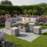 Square L-shape patio sofa set with fire feature for outdoor use.