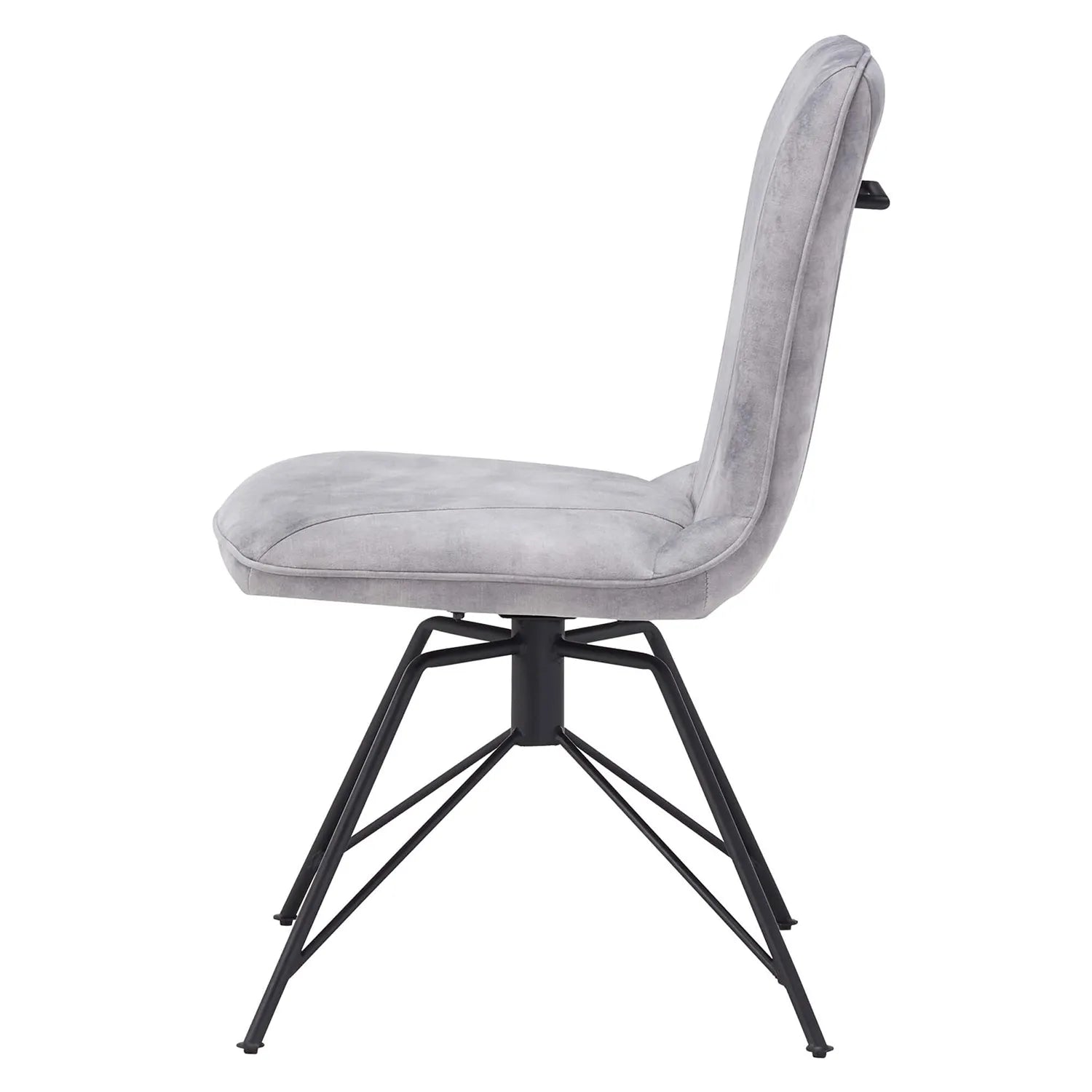 Side view of Arachnos Swivel Grey Dining Chairs with black Metal Legs and Pull Out handle