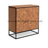 Explore the Atticus Drinks Cabinet with carved acacia wood, bottle storage, and stemware racks. The perfect industrial home bar with artistic flair.