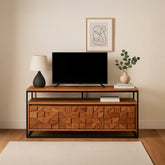 Atticus TV Unit front view showcasing geometric block pattern