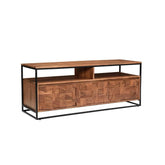 Shop the Atticus Acacia Media Unit – carved 3D wood front, black metal frame, open shelf and storage cupboards. Modern, compact TV stand with bold design.