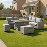 Avelon large corner rattan firepit dining set with spacious seating.