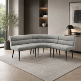 Lifestyle image of Avor Curved Corner Dining Bench in Grey Fabric