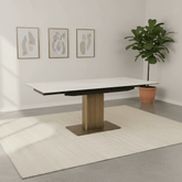 Braxton White Sintered Stone Extending Dining Table with Brushed Gold Pedestal Base
