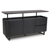 Bradley large sideboard in black ash with floating top design, adjustable shelves & drawers. SmarTops® heat & scratch resistant finish.