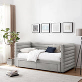 Bellanova Luxe Daybed. Sleek fluted design with dual storage drawers in a choice of Grey or Taupe Velvet.