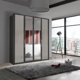 Wiemann Bristol Graphite and Pebble Grey Glass Front 4 Door Wardrobe with Mirror - Pendle Village Furniture