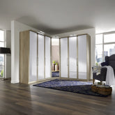 Bristol Oak and White Glass Front Large Corner Wardrobe - Pendle Village Furniture