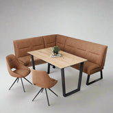 Cerutti Oak Effect Ceramic Dining Table with Tan Corner Bench and Dining Chairs Set - Pendle Village Furniture