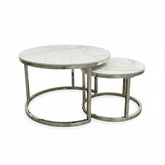Capri Polar White Sintered Stone Nest of 2 Round Coffee Tables – Chrome Base - Pendle Village Furniture