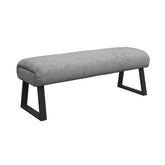 alt="Grey fabric backless dining bench with padded seat and grey powder coated legs"