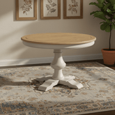 Shop the Chateau Grey & Rustic Pine round dining table. Farmhouse style with a rustic pine top, grey pedestal base and timeless country charm.