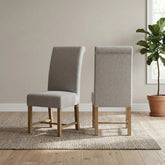 Two upholstered dining chairs with light gray fabric and natural wood legs, shown from the front and back on a woven rug in a bright room with a potted plant.