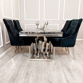 Antibes 1.8M Black Marble and Chrome Dining Table Oliver Lion Knocker Chairs Set - Pendle Village Furniture