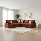 Stylish modern fabric sofa with soft upholstery, deep comfortable seating, plush back cushions, and sleek black feet.