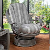 Desser Turin Grey Striped Rattan Swivel Rocker in Duke Grey, also available in a 3 Seater, 2 Seater, Armchair and Footstool. Choose from various fabrics and customise the frame from a choice of Grey or Light Oak - Chair in Lifestyle Setting