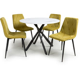 White Marble effect Round Dining Table and 4 Yellow Brushed Velvet Dining Chairs - Pendle Village Furniture