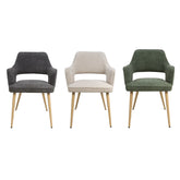 Set of 4 Eaton modern dining armchairs in green, grey or natural fabric. Soft padded seat, light wood legs & ergonomic shape for comfort & style.