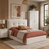 Upholstered ottoman bed with button tufted headboard and lift up storage.