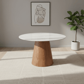 Elise round dining table with white sintered stone top and walnut base. Stylish 120cm table perfect for modern dining spaces.