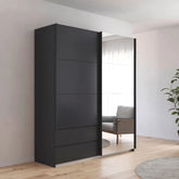 Elon Metallic Grey 181cm Sliding 2 Door Wardrobe with Drawers & Mirror - Pendle Village Furniture