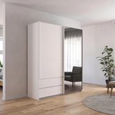Elon 181cm White Sliding 2 Door Wardrobe with Drawers & Grey Mirror - Pendle Village Furniture