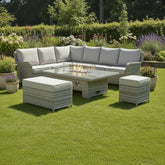 Contemporary left-hand corner seating set with rattan-style finish.