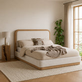 Modern double bed frame with wood look fabric and padded headboard.