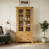 Hampshire Solid Oak Glazed Display Cabinet with 2 Drawers – H195cm