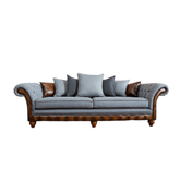 Herringbone Wool Scatter Back Chesterfield Sofa with Antique Tan Leather - Pendle Village Furniture