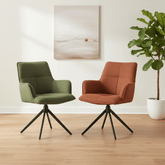 Shop the Jaxon Set of 4 Swivel Fabric Dining Armchairs in Green or Rust. Soft fabric upholstery, 180° swivel with auto return and modern black metal legs.