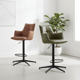 Shop Jaxon PU leather swivel bar stools with arms. Available in Olive Green or Orange Rust with height adjustment, 360° swivel and auto-return function.