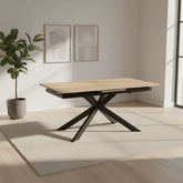 Modern Julian extending dining table with oak effect HPL top, black cross-leg base and smooth centre extension. Heat and scratch resistant surface.