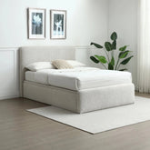 Shop the Bella Natural chenille ottoman bed with a bold square headboard, solid deck base and generous end-opening storage. Double, King or Super King.