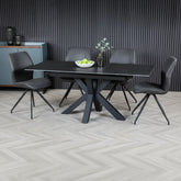 Kastonia Vik Dark Grey 1.4–1.8M Dining Table with 4 Swivel Chairs - Pendle Village Furniture