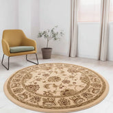 Long cream hallway round rug with intricate design.