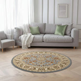 Traditional patterned round rug with soft polypropylene fabric.