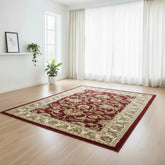 Traditional rug design with intricate antique red pattern.