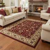 Floral red rug with intricate traditional pattern.