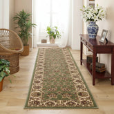Keshan green runner with intricate traditional Persian pattern.