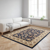 Keshan navy rug with intricate traditional Persian pattern.