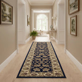 Elegant runner rug with detailed woven motifs.